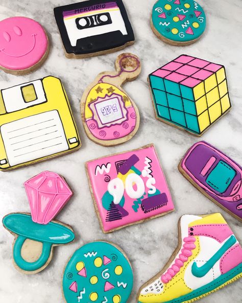 90s Bachelorette Cookies, 90s Party Inspiration, Pop Art Cookies, 90s Sugar Cookies, 90s Theme Cookies, 90s Cookies Decorated, 90s Party Cake, 90s Theme Birthday Cake, Y2k Cookies