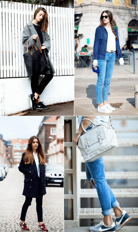 5 Tips on Wearing Sneakers with Jeans & Skirts Retro Sneakers Outfit Women, Sneakers With Jeans Women, Ankle Jeans With Sneakers, How To Wear Sneakers With Jeans, Nike Sneakers Women Outfit, Retro Sneakers Outfit, Styling Sneakers, Sneakers With Jeans, Oversized Coats