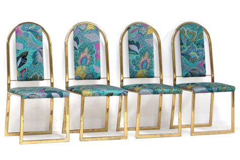 Listed on VNTG.com: Set of four mid century Hollywood Regency dining room chairs with brass frame | #vntg #vintage Hollywood Regency Living Room, Tropical Dining Chairs, Regency Dining Room, Hollywood Regency Dining Room, Regency Design, Mid Century Hollywood, 1970s Decor, Hollywood Regency Decor, Danish Dining Chairs