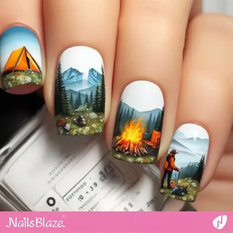 Mountains Nail Art, Camping Nails Designs, Mountain Nail Art, Lake Nails, Mountain Nails, Camping Nails, Adorable Nails, New Nail Art Design, Painted Nails