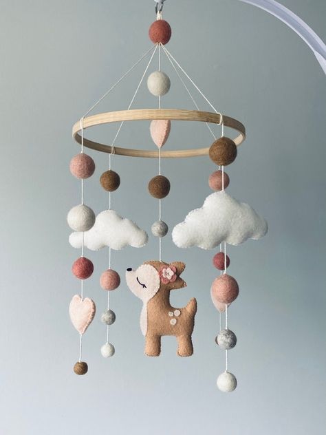 Felt Ball Mobile, Crib Decoration, Pom Pom Mobile, Woodland Mobile, Deer Nursery, Baby Boy Mobile, Baby Mobiles