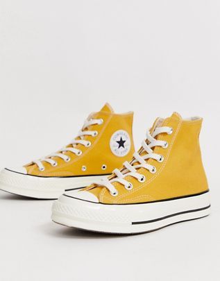 Converse Chuck '70 Hi Sunflower Yellow sneakers Yellow Trainers, Yellow Converse, Dr Shoes, Yellow Sneakers, Sunflower Yellow, Converse Chuck 70, Yellow Shoes, Aesthetic Shoes, Chuck 70