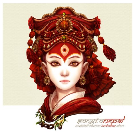 Kumari Devi by narm Kumari Goddess Painting, Nepal Art, Fashion Design Drawing, Face Sketch, Cartoon Girl Drawing, Goddess Art, Cool Art Drawings, Girl Drawing, Culture Art