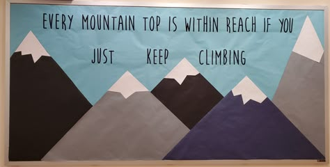 Mountain Hallway Decor School, Wolf Bulletin Board Ideas, Adventure Awaits Bulletin Board, Mountain Bulletin Board, Mountain Themed Classroom, Kudos Board, Mountain Classroom Decor, Mountain Classroom, Bulletin Board Sayings