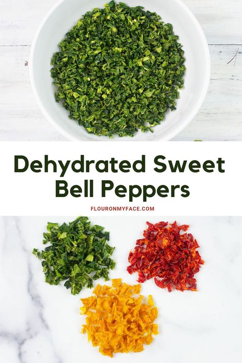 How to dried and preserve sweet bell peppers for long term storage using a food dehydrator. Dehydrating Green Peppers, Dehydrate Green Peppers, Dehydrated Bell Peppers, Preserve Bell Peppers, Drying Peppers, Green Bell Pepper Recipes, Produce Recipes, Home Canning Recipes, Dehydrated Vegetables