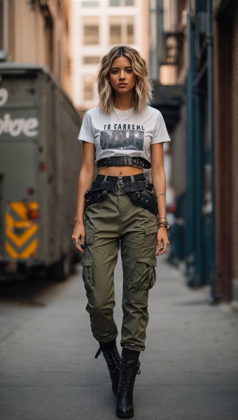 Cargo Pants Outfit Street Style Women, Womens Biker Outfits, Cargo Pants Outfit Street Style, Army Green Outfit, Outfit Street Style, Techwear Fashion, Fall Trends Outfits, Biker Outfit, Cargo Pants Outfit