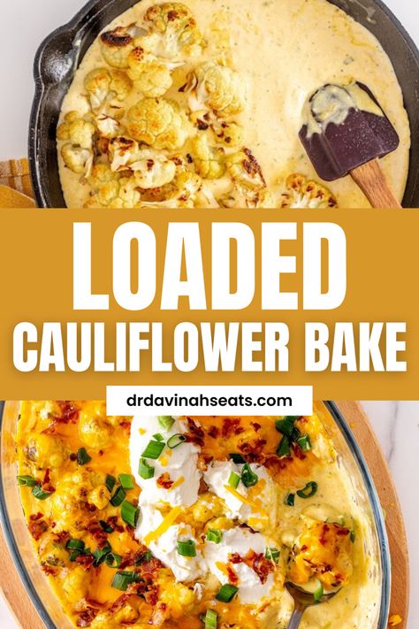 Loaded cauliflower bake in a dish Side Dish For Steak, Loaded Cauliflower Bake, Loaded Potatoes, Casserole Bake, Low Carb Side Dish, Cauliflower Bake, Homemade Slaw, Low Carb Side, Loaded Cauliflower Casserole