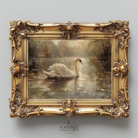 Painting With Gold Frame, Swan Oil Painting, Majestic Art, French Country Art, Painting Corner, Swan Art, Swan Painting, Decor Above Bed, Swans Art