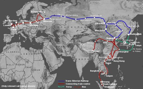 up from Hong Kong to Beijing then Trans-Mongolia & Trans-Siberia - then St. Petersburg, Paris, & London. Oh what a time! Trans Siberian Railway, Train Route, Silk Route, Train Times, Plan Book, The Silk Road, Route Map, Orient Express, Harbin