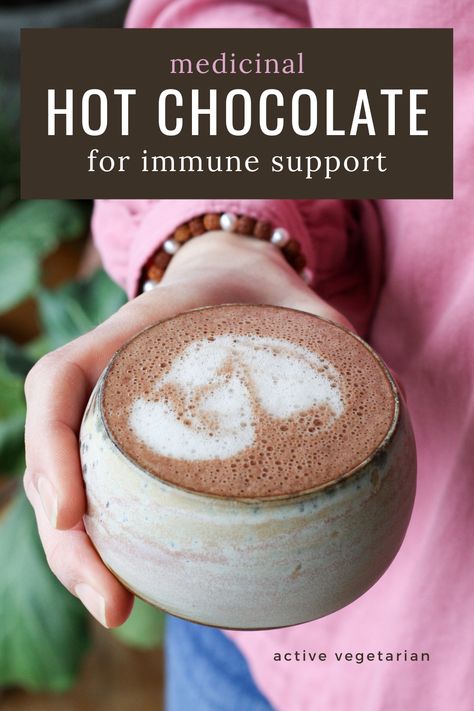 creamy dairy-free medicinal hot chocolate for immune support Mushroom Hot Chocolate Recipe, Gut Healing Hot Chocolate, Hormone Hot Chocolate, Hot Chocolate Alternative, Mushroom Hot Chocolate, Healthy Hot Chocolate Recipe, Cozy Hot Drinks, Inflammatory Meals, Mushroom Chocolate