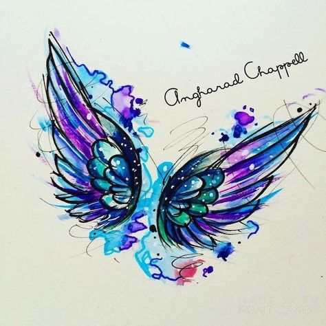 guardian-angel-tattoo-watercolor-drawing-on-white-paper-blue-purple-green Wings Tattoo Meaning, Angel Wings Tattoo On Back, Mutterschaft Tattoos, Small Angel Wing Tattoo, Drawing Angel, Beautiful Angel Tattoos, Heart With Wings Tattoo, Wing Tattoos On Back, Tattoo Son