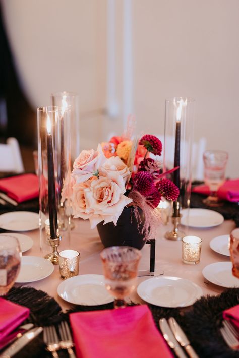 White Black And Pink Wedding, Pink Goblets, Colorful Industrial, Women Conference, Pink Black Weddings, Black Centerpieces, Orange And Pink Wedding, Black Candlesticks, Matric Farewell