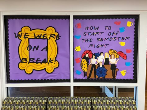 this is a resident assistant bulletin board for the spring 2021 semester. the theme was based on the tv show “friends”. #doordecs #residentassistant #ra #reslife #college #door #doortags #floor #bulletinboard #friends #tvshow Art Back To School Bulletin Board, Roommate Ra Bulletin Board, Friends Theme Bulletin Board, Friends Floor Theme Ra, Friends Door Decs, Friends Tv Show Classroom Theme, Friends Bulletin Board Ideas, Spring Semester Bulletin Boards, Friends Theme Classroom