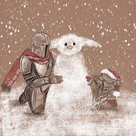 by amysgster #starwars #themandalorian #grogu #Mandalorian #Snow #Christmas #Snowman Mando Art, Grogu Christmas, Mandalorian Christmas, New Year Art, Star Wars Christmas, Snow Christmas, Star Wars Fan Art, Star Wars Art, Card Designs