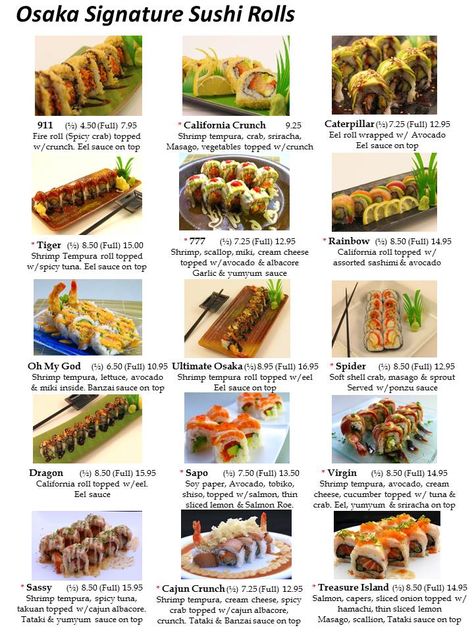 Osaka Sushi Menu Las Vegas Sushi Roll Menu, Best Sushi Rolls, Resep Sushi, Cooking Sushi, Japanese Food Photography, Sushi Recipes Homemade, Sushi Roll Recipes, Japanese Food Sushi, Spicy Crab