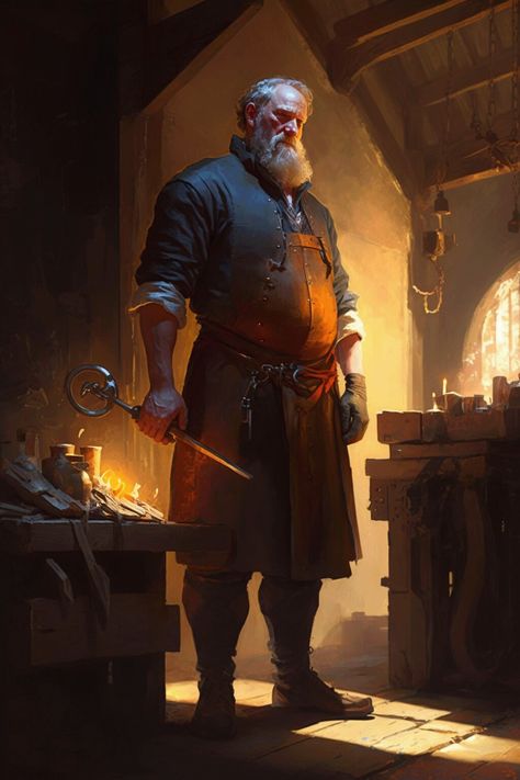 Medieval Blacksmith Concept Art, Blacksmith Forge Fantasy Art, Blacksmith Pose, Anime Blacksmith, Blacksmith Character Design, Dnd Blacksmith, Fantasy Blacksmith, Blacksmith Character, Dnd Portraits