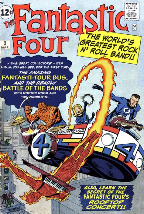 Fantastic Four: The World’s Greatest Rock Band by John Trumbull Fantastic Four Logo, Fantastic Four Movie, Fantastic Four Comics, Silver Age Comics, Blue Costumes, Steve Ditko, Greatest Rock Bands, Best Superhero, Jack Kirby