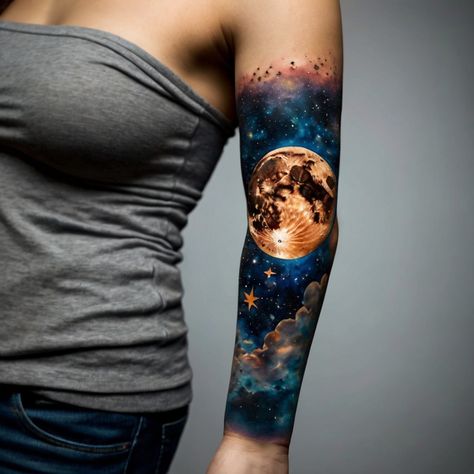 Explore the enchanting world of moon and stars tattoos on this Pinterest board! Discover a variety of designs from delicate crescent moons adorned with twinkling stars to bold celestial bodies. Perfect for those who love night-themed ink or seek a tattoo that symbolizes mystery, dreams, and the beauty of the night sky. Pin your favorites and get inspired for your next piece of body art! Night Sky Tattoo Sleeve, Night Sky Tattoo, Night Sky Tattoos, Moon And Stars Tattoo, Sky Tattoo, Sky Tattoos, Stars Tattoo, Moon Tattoo Designs, Tattoo Collection