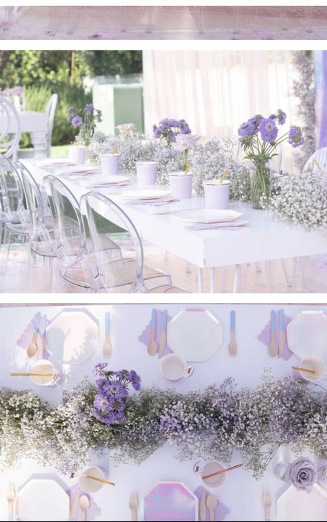 Lavender And White Table Decorations, Table Lamp Wedding, Pastel Purple Wedding Theme, Lilac Themed Wedding Table Settings, Lavender And White Table Setting, Baby Shower Lavender Theme, Lilac Butterfly Theme Party, Purple Bridal Shower Ideas, Butterfly Themed Bridal Shower Ideas