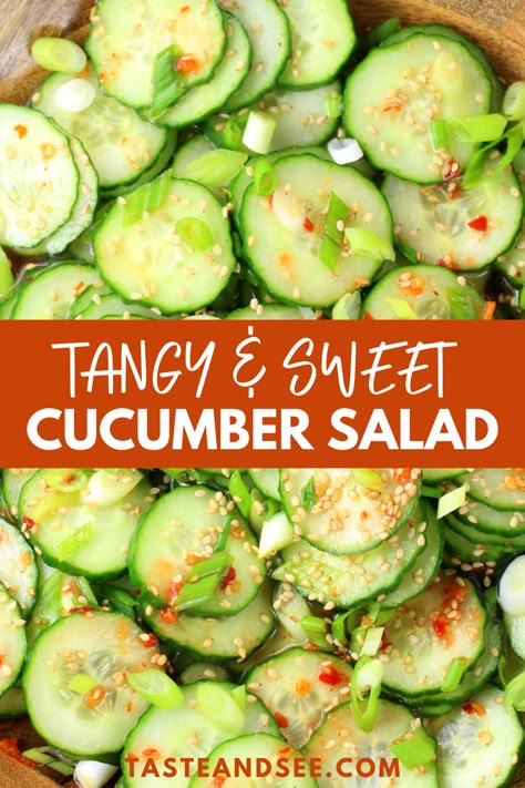 Sliced cucumbers tossed in a tangy and sweet Asian dressing. Asian Salad Cucumber, Hawaiian Cucumber Salad, Sliced Cucumber Salad, The Salad To Bring, Asian Style Cucumber Salad, Cucumber Salad Sweet, Poke Cucumber Salad, Asian Style Cucumbers, Sweet Cucumbers