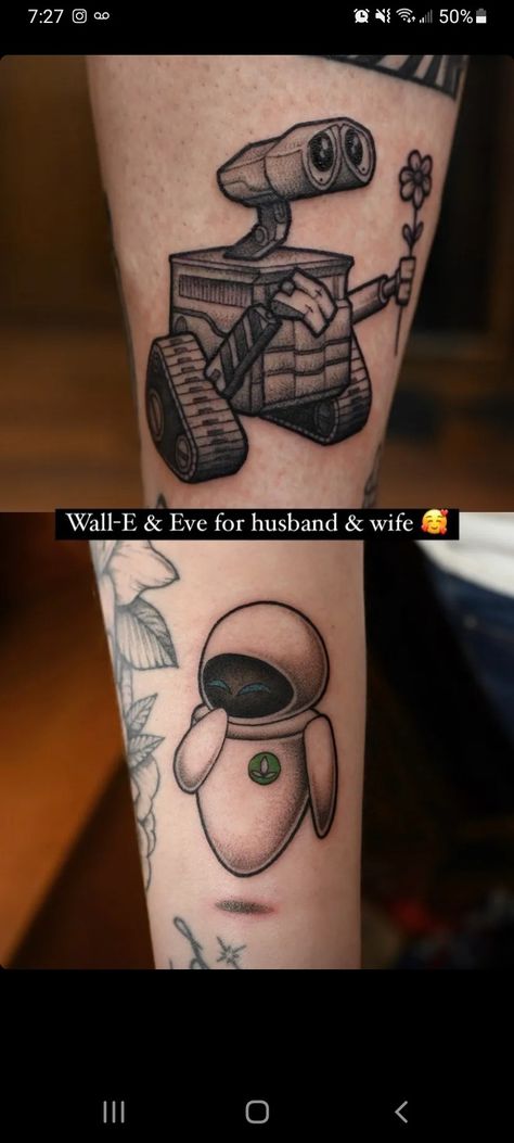 Up Movie Tattoo Couple, Wall-e Eve Tattoo, Walle And Eve Tattoos Couple, Walle Eve Tattoo, Walle Tattoo Disney, Walle Tattoo Ideas, Walle And Eve Tattoos, Big Hero 6 Tattoo, Wall E And Eve Tattoo