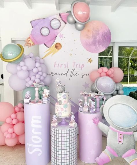 Luna First Birthday, Baby Girl Birthday Theme First, Pink Space Birthday Party, Baby 1st Birthday Themes Girl, One Birthday Theme Girl, Reach Four The Stars Birthday Ideas, Space Girl Birthday Party, 1st Bday Party Ideas Girl Theme, Girls 1st Birthday Party Ideas Theme