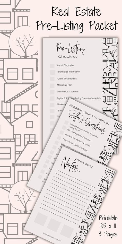 Real Estate PreListing Checklist, Seller's Questions Prep, Notes Page Pre Listing Packet Real Estate, Real Estate Checklist, Notes Page, Checklist Printable, Real Estate Agents, Estate Agents, Real Estate Professionals, Marketing Plan, Doterra