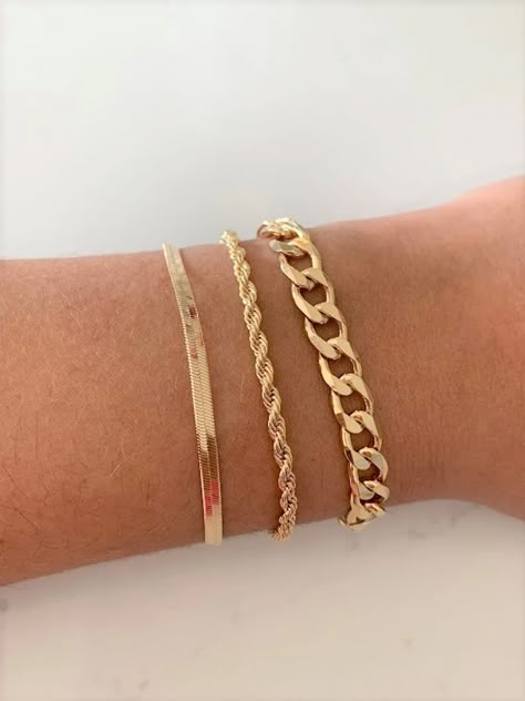 18K Gold Filled Bracelet Trio 3MM Herringbone Bracelet Rope - Etsy Bracelet Trio, Statement Bracelets, Gold Bracelets Stacked, Bracelet Rope, Herringbone Bracelet, Cuban Bracelet, Gold Bracelet Set, Wrist Jewelry, Jewelry Accessories Ideas