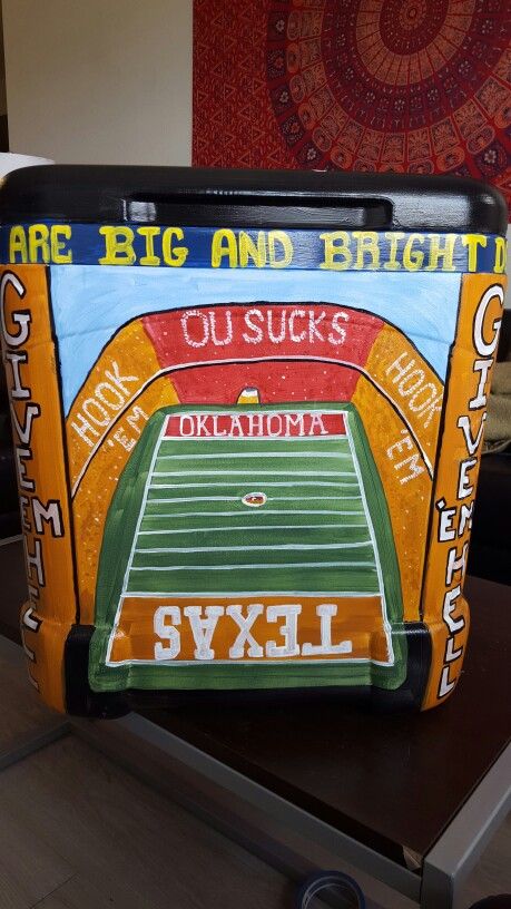 Texas Ou Cooler Ideas, Tx Ou Cooler, Texas Ou Cooler, Painted Fraternity Coolers, Red River Rivalry, Crown Apple, Fraternity Coolers, Cooler Ideas, Frat Coolers