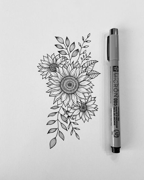 Daffodil And Sunflower Tattoo, Sunflower Bunch Tattoo, Sunflowers Tattoo Ideas, Sunflower Bouquet Drawing, Fineline Sunflower Tattoo, Sunflower Bouquet Tattoo, Fine Line Sunflower Tattoo, Chris Tattoo, Harmony Tattoo