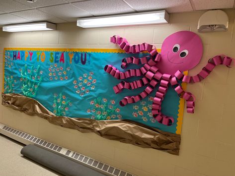 Wave Bulletin Board, Under The Sea Board, Jellyfish Bulletin Board, Fish Themed Preschool Classroom, Ocean Classroom Theme Bulletin Boards, Under The Sea Bulletin Board, Under The Sea Back To School Theme, Ocean Themed Bulletin Boards, Fish Decorations For Classroom