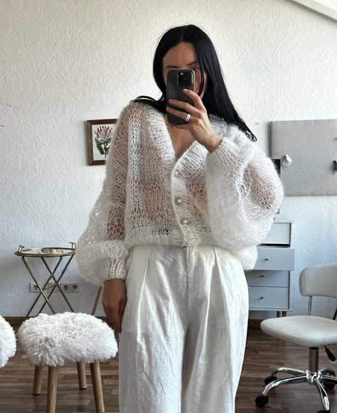 CARDIGAN “ATLAS” • hand knitted, premium yarn • 70% superkidmohair, 25% silk, 5% merino • XS-XXL • worldwide delivery 🛒 aimeestudio.com.ua Mohair Sweater Crochet, Crochet Box Stitch, Crochet Wardrobe, Box Stitch, Crochet Box, Mohair Sweater, White Cardigan, Crochet Inspiration, Knitting Stitches