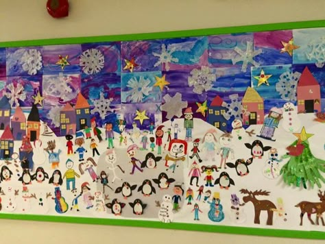 Collaborative Holiday Art Projects, Collaborative Winter Art For Kids, Winter Murals Art Projects, Winter Murals For Kids, Winter Collaborative Art Projects, Collaborative Christmas Art, Winter Mural, Winter Classroom Decorations, Colour House