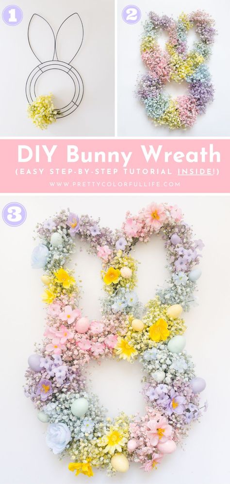 Learn how to make a budget-friendly Easter bunny wreath with my easy bunny wreath DIY tutorial. Grab a bunny wreath form from your local store and make this colorful Easter bunny wreath. Click the link to learn how to make this Easter wreath DIY with my step- by step instructions. Boho Bunny Wreath, Beaded Bunny Wreath, Wire Bunny Wreath Form Ideas, Dollar Store Bunny Wreath, Easter Wreaths For Front Door Diy, Bunny Wreath Dollar Tree, Easter Diy Decorations Home Decor, Bunny Wreaths For Front Door, Wreath Form Ideas