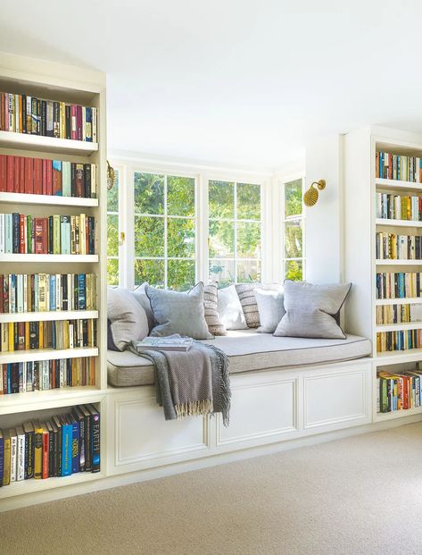 Home decor ideas: 47 chic interior design schemes | Reading Nook In Front Of Window, Small Loft Library Ideas, Book Nook With Window, Home Library With Windows, Library With Window Seat, Window Seat Library, Loft Reading Nook, Reading Nook Window Seat, Reading Nook Window