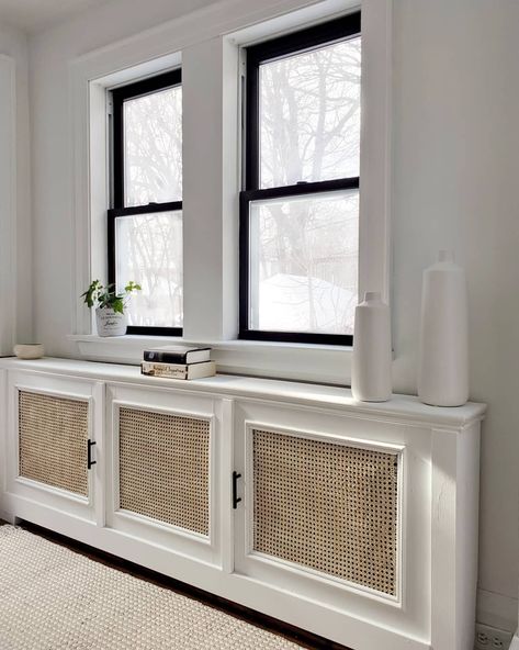 Nina | Architect (@ninas.craftivity) posted on Instagram: “Here it is!! My new and improved radiator cover!! . If you're like me and love all things @studiomcgee , you might see that the inspiration…” • Feb 18, 2020 at 6:48pm UTC Black Frame Windows, Faux Cabinet, Bedroom Radiators, Radiators Living Room, Diy Radiator Cover, Frame Windows, Heater Cover, Fireplace Built Ins, Hallway Designs