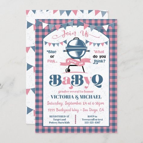 Baby Q Barbecue Gender Reveal Shower Invitation - Great Barbecue Baby Q Party, Gender Reveal Bbq, Backyard Barbecue Party, Barbecue Baby Shower, Baby Q Invitations, Summer Baby Shower Invitations, Twin Gender Reveal, Sunflower Invitations, Blue Baby Shower Invitations