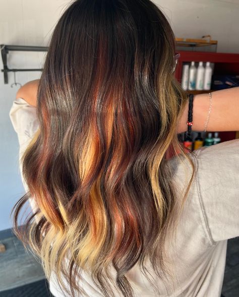 Screaming, crying &throwing up at this hair color 😍 ugh I love this #calicohair trend right now! My favorite part is that it’s so customizable from the dark, the blonde and the red/copper. Feel free to message me about getting your calico hair done 🧡 - - #calicohaircolor #calicohairtrend #calico #hairstylist #smalltownstylist Highlight Hair Inspiration, Calico Balayage Hair, Peek A Boo Calico Hair, Calico Underneath Hair, Calico Hair Balayage, Calico Bob Hair, Flame Hair Dye, Calico Hair Extensions, Calico Halo Hair