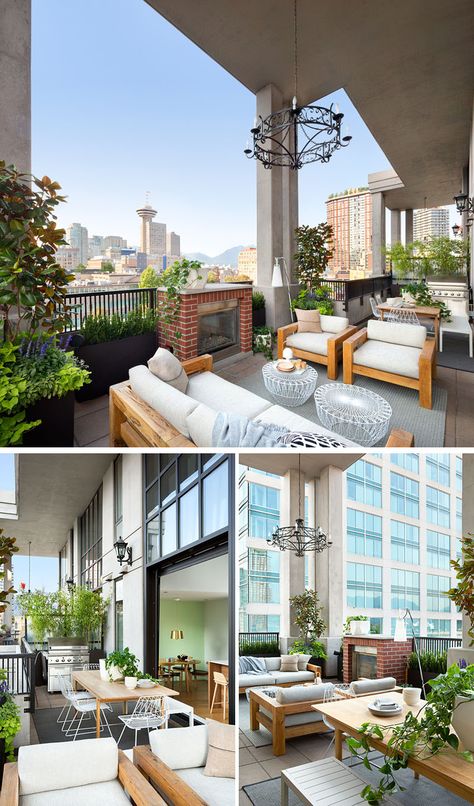 This modern loft balcony has views of downtown Vancouver, and is filled with a variety of places to relax or entertain. There's a bbq and outdoor dining area as well as a lounge area next to a fireplace. Falken Reynolds, Loft Balcony, Vancouver Apartment, Vancouver Condo, Light Green Walls, Urban Gardens, White Subway Tiles, Downtown Vancouver, Design Outdoor