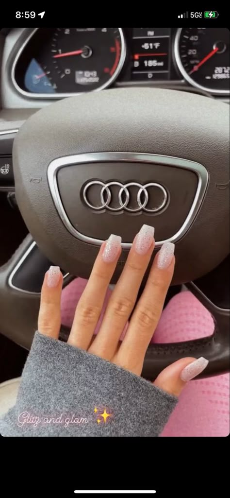 White Sparkles Nails, White Sparkle French Tip Nails Coffin, Glitter Homecoming Nails, Prom White Nails, White With Glitter Nails, Light Pink And Silver Nails Acrylic, White Nails Sparkle, White And Sparkle Nails, White Silver Sparkle Nails