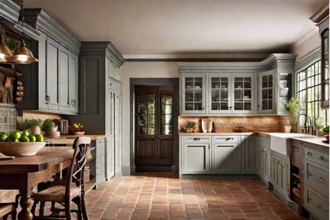 Spacious rustic kitchen with gray cabinetry, farmhouse sink, wooden dining table, and brick flooring. Colonial Inspired Kitchen, Kitchen Colonial Style, Colonial Townhouse Interior Design, Colonial Style Kitchen Ideas, Colonial Style Kitchens, Colonial Decorating Ideas, Old Colonial Homes Interior, Colonial House Interior Design Kitchen, New England Colonial Kitchen