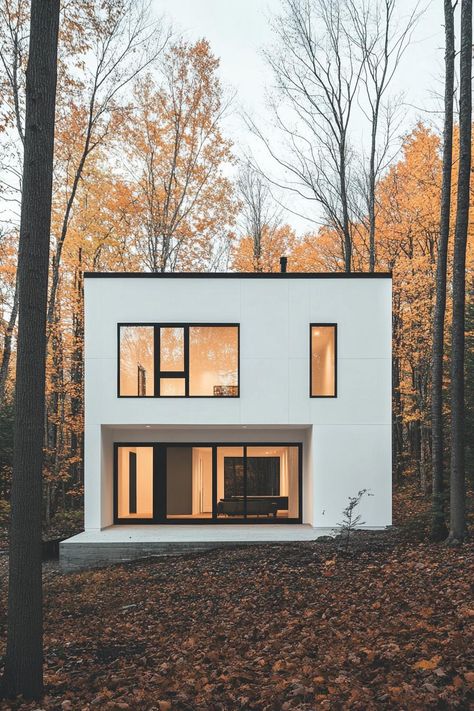 Modern minimalist white geometric house by the woods. Check out these sleek white modern house designs that blend style with simplicity to inspire your next dream home. Minimalist Residential Architecture, Tiny Modern House Exterior, Compound Floor Design, House Design Minimalist Exterior, Small Modern Home Exterior, Modern House Simple, Nice House Exterior, Minimalist House Design Interior, Modern Homes Exterior