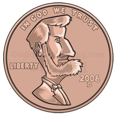 Cartoon Coin Illustration (Penny) | by Coghill Cartooning Coin Illustration, Color Techniques, Vector Cartoon, In God We Trust, Watercolor Techniques, Bible Journaling, Cartoon Art, Vintage Posters, Lincoln