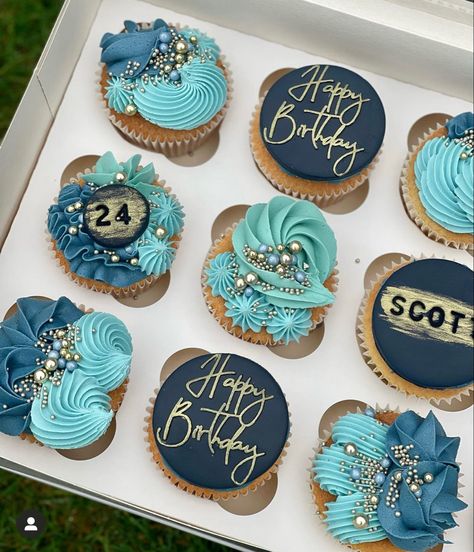 80th Cupcake Ideas, 20th Birthday Cupcakes For Him, Cupcake Decorating Ideas For Men, Happy Birthday Cupcakes For Men, Cupcake Designs For Men, Manly Cupcakes, Blue And Brown Cupcakes, Dark Blue Cupcakes, Royal Blue Cupcakes