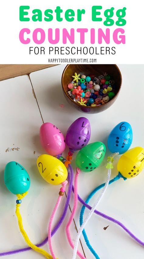 Easter Egg Counting for Preschoolers - HAPPY TODDLER PLAYTIME Social Studies Easter Activities For Preschool, Easter Manipulatives Preschool, Egg Unit Preschool, Counting Eggs Preschool, April Math Activities For Preschool, Easter Pre K Crafts, Easter Week Preschool, Easter Egg Learning Activities, Easter Gross Motor Preschool