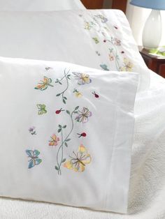 Bucilla Butterflies In Flight, Stamped Embroidery Kit, Bantal Sofa, Embroidery Transfers, Embroidered Butterfly, Embroidered Pillowcases, 자수 디자�인, Vintage Embroidery, Night Stand