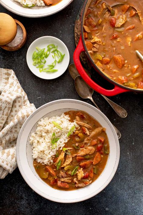 Turkey Gumbo with Andouille Sausage Cajun Sausage And Veggies, Gumbo With Okra, Gumbo Roux, How To Make Gumbo, Turkey Gumbo, Sausage Gumbo Recipe, Gumbo Ingredients, Easy Gumbo, Gumbo Recipe Easy