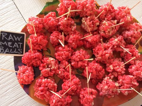 Halloween food. Spooky food.  "Raw meatballs" rice Krispy treats with red food coloring rolled into balls! follow @curlyhairconspiracy on Instagram Red Rice Krispie Treats Halloween, Raw Meat Rice Krispies, Rice Krispie Treat Brains, Rice Crispy Meat Halloween, Rice Krispie Treats Halloween Brains, Red Velvet “raw Meat” Rice Krispies Halloween Treat, Gross Halloween Foods, Halloween Potluck, Halloween Cakes Easy