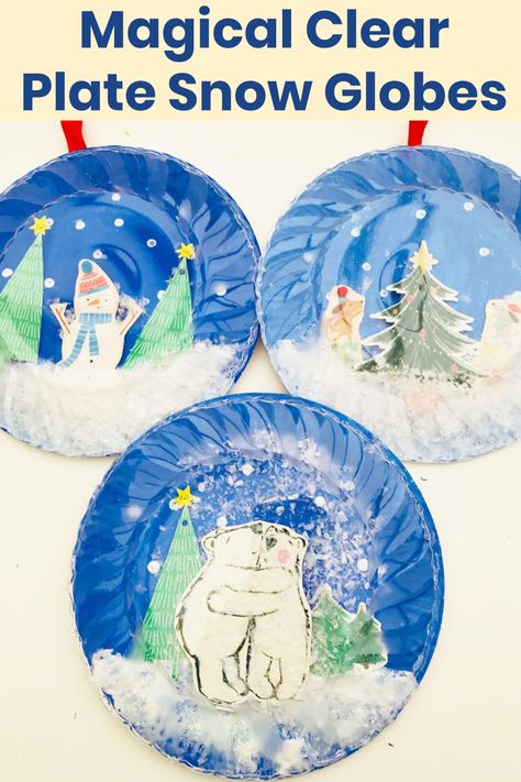 Snow Globes Diy, Winter Kids Crafts, Diy Snow Globes, Snow Globe Craft, Glitter Christmas Cards, Clear Plastic Plates, Snow Globe Crafts, Fun Kids Crafts, Globe Crafts