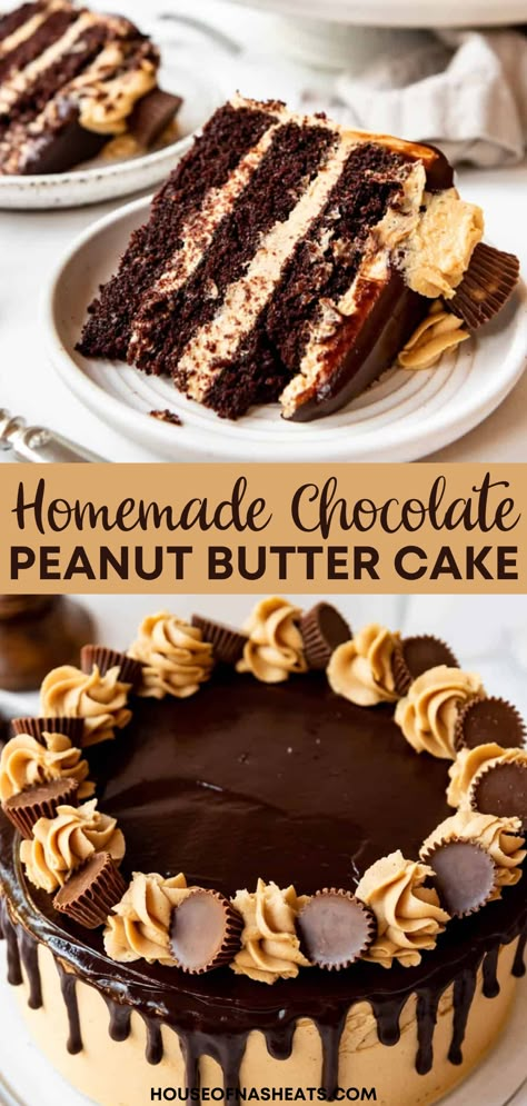 This triple-tiered Chocolate Peanut Butter Cake is made with deliciously moist chocolate cake layers, coated with a creamy peanut butter frosting, with a rich chocolate ganache on top, topped with extra swirls of peanut butter frosting, and decorated with mini Reese's Peanut Butter Cups! | chocolate peanut butter cake recipe | chocolate peanut butter desserts | chocolate peanut butter cake decoration | chocolate peanut butter cake easy | decadent chocolate peanut butter cake Reese’s Peanut Butter Cup Birthday Cake, Chocolate Cake With Peanut Butter Icing And Ganache, Fudge Filled Peanut Butter Cake Bars, 2 Layer Peanut Butter Cake, Chocolate Cake With Pb Frosting, Peanut Butter Mousse Filling For Cake, Oreo Peanut Butter Cake, Reese Peanut Butter Cake Recipe, Peanut Butter Fudge Cake Recipe